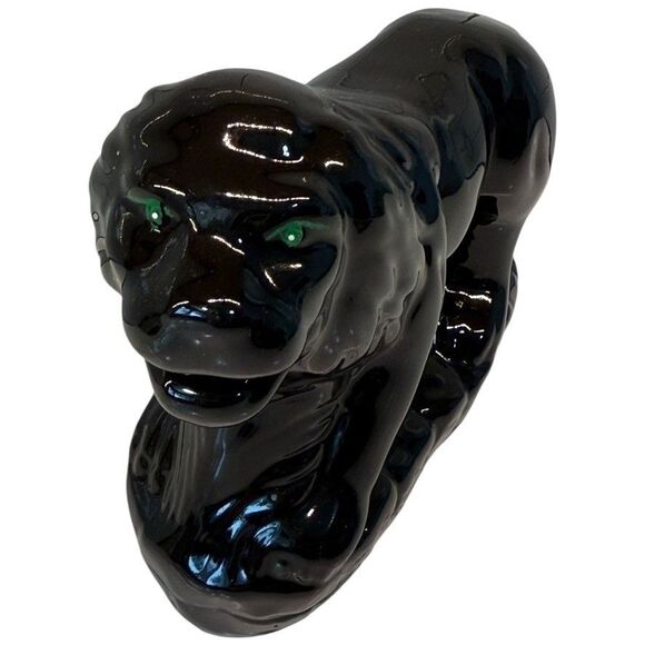 Vtg MCM Black Ceramic Stalking Lion Cat Figurine Green Eyes 9” Gloss Art Rare - Picture 5 of 16